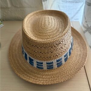 Vintage straw hat with blue and white band made in Italy size 7 1/4